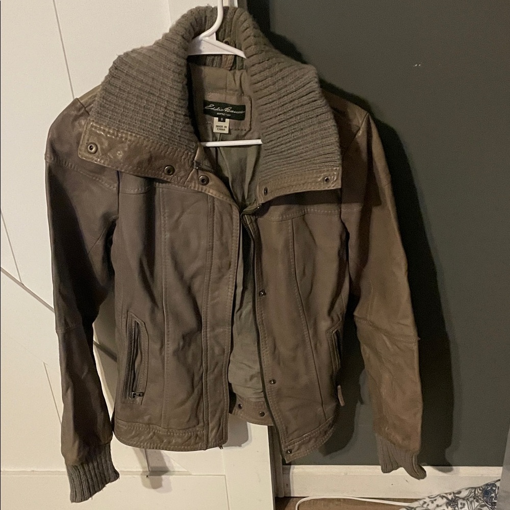 Eddie Bauer Brown Leather Jacket with Ribbed Collar